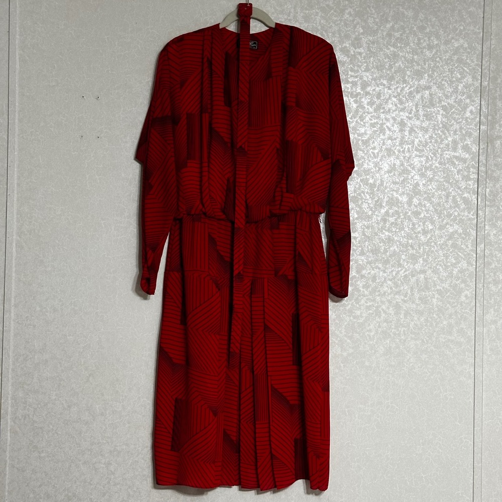 Lori Max New York VTG 80s Red Black‎ Geometric Print Midi Dress Belted Pleated L
